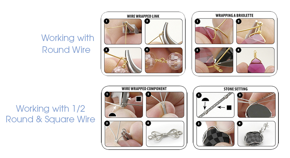Instructional infographic showing jewelry-making techniques with different wire types. The top section, ‘Working with Round Wire,’ illustrates step-by-step how to create a wire-wrapped link and how to wrap a briolette gemstone. The bottom section, ‘Working with Half-Round and Square Wire,’ shows how to make a wire-wrapped component and how to set a stone. Each process is displayed in four numbered images demonstrating the progression of wrapping and securing wire.”