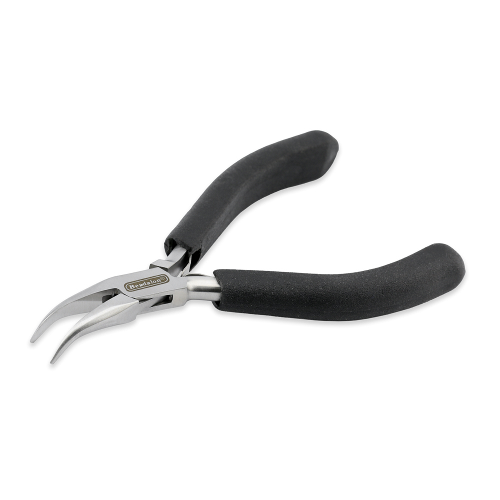 Designer Series Bent Chain Nose Pliers, Black Vinyl-Free Grips, Stainless Steel, Box Joint, Double Leaf Springs, 4.75 in / 12 cm