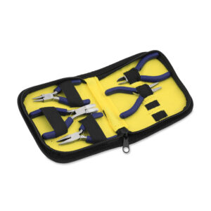 Mini Pliers Tool Kit, Vinyl-Free Grips and Vinyl-Free Zip Pouch, Chain Nose Pliers, Round Nose Pliers, Flat Nose Pliers, Nylon Jaw Pliers, Cutter, 3 in / 7.6 cm, each, 5 pc