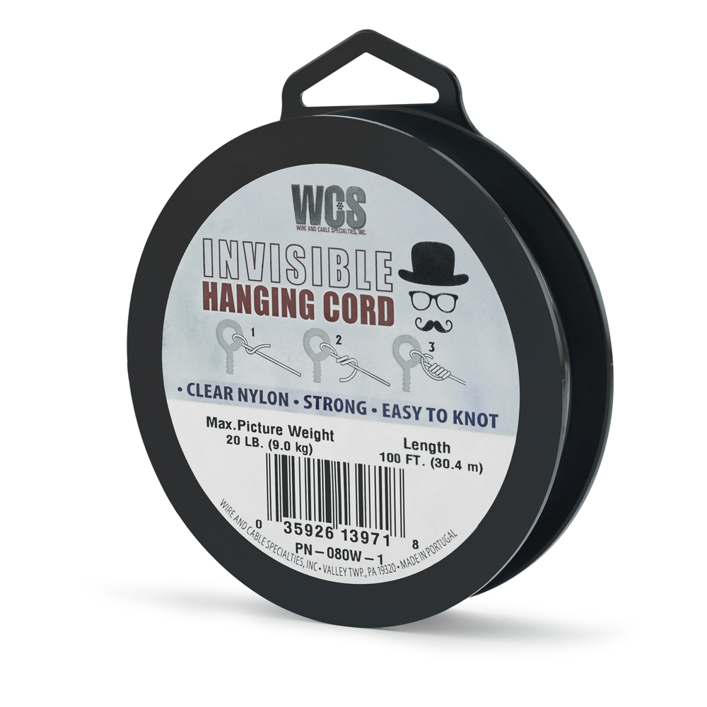 Invisible Hanging Cord, Clear Nylon, Max Picture Weight 20 lb / 9.0 kg, Approx Break Strength 80 lb / 36.2 kg, 100 ft /30.4 m